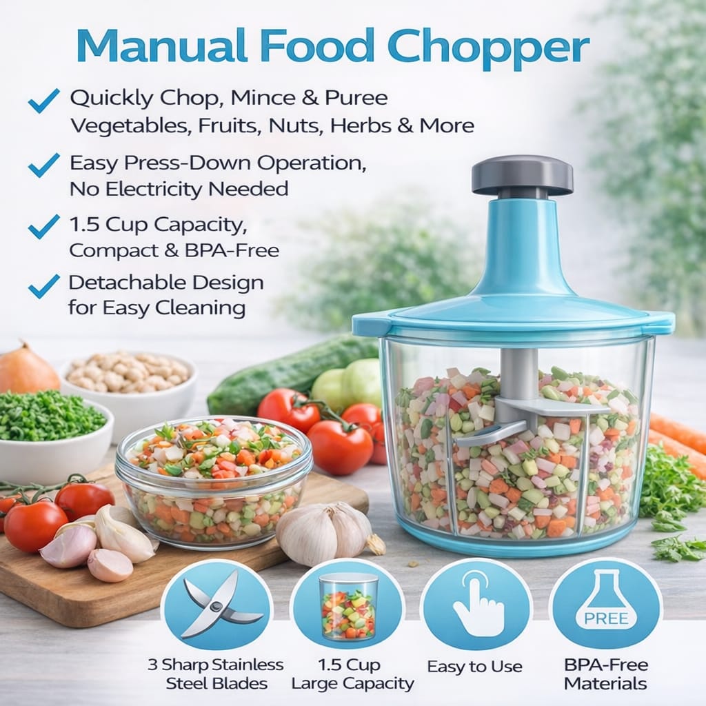 Manual food chopper with features listed and vegetables around it