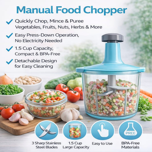 Manual food chopper with features listed and vegetables around it