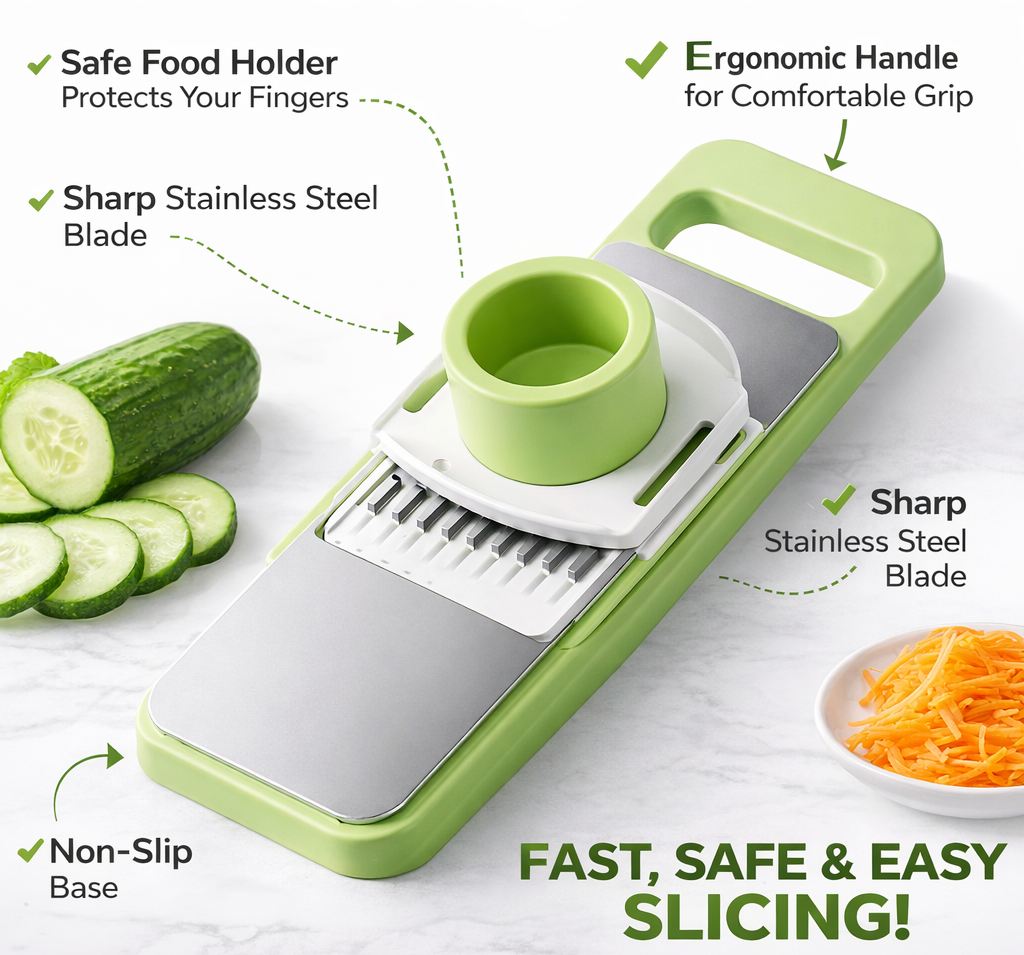 Green mandoline slicer with sliced cucumbers and carrots on a white background